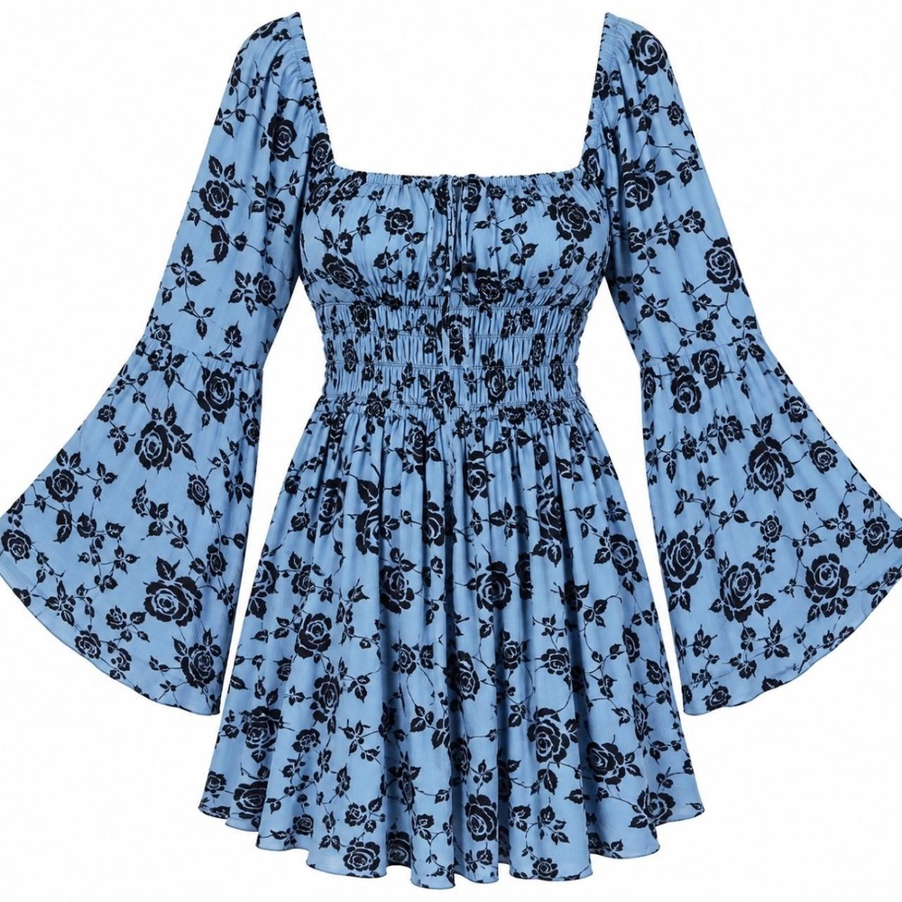 One Clothing LA Blue Black Rose Mini Dress M Whimsigoth Witchy Bell Sleeve - Picture 6 of 6